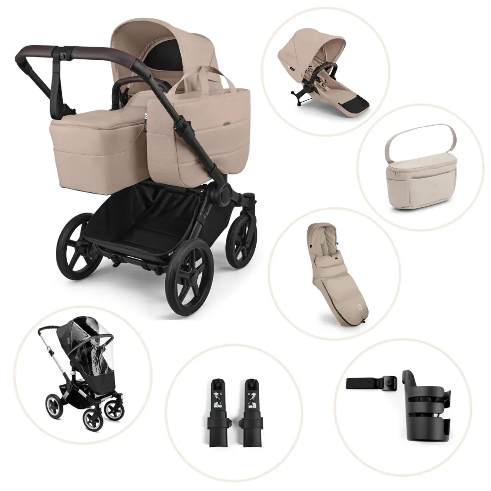 Bugaboo Donkey   Kombivogn Inkl  Søskendesæde  Organizer  Kørepose  Kopholder  Højdeadapter Og Regnslag Desert Taupe Melange