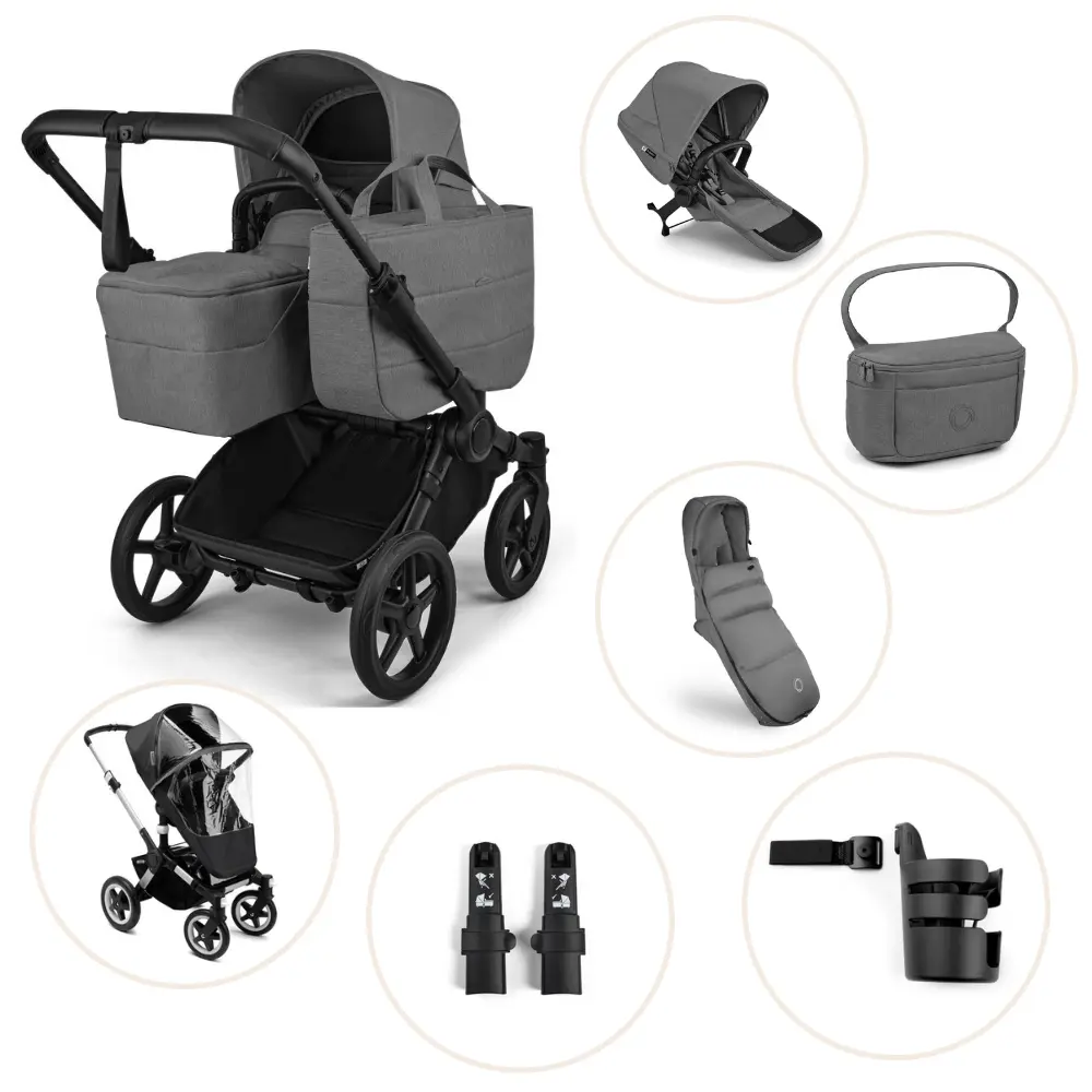 Bugaboo Donkey   Kombivogn Inkl  Søskendesæde  Organizer  Kørepose  Kopholder  Højdeadapter Og Regnslag Moon Grey