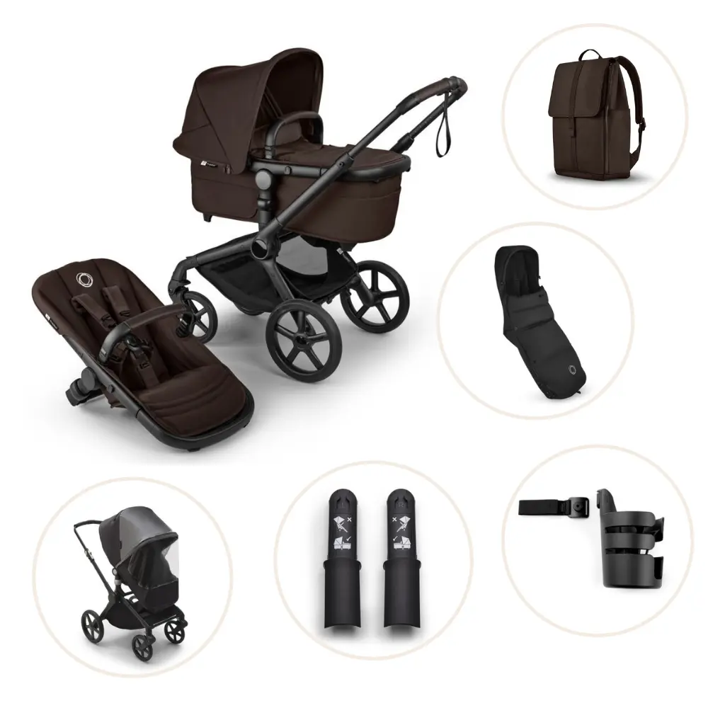 Bugaboo Fox   Renew Kombivogn Inkl  Puslerygsæk  Kørepose  Kopholder  Højdeadapter Og Regnslag Black Cocoa Brown