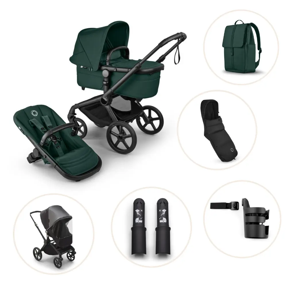 Bugaboo Fox   Renew Kombivogn Inkl  Puslerygsæk  Kørepose  Kopholder  Højdeadapter Og Regnslag Black Fern Green