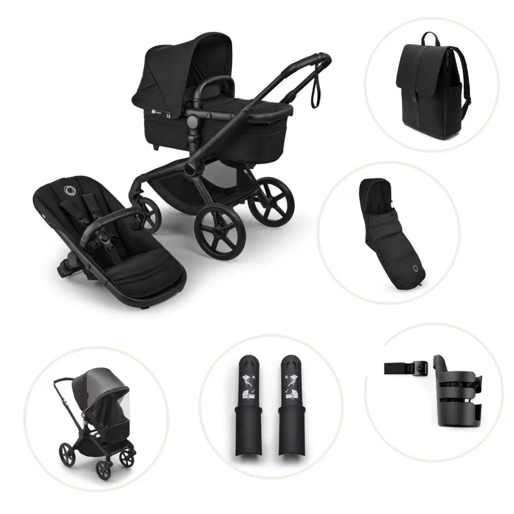 Bugaboo Fox   Renew Kombivogn Inkl  Puslerygsæk  Kørepose  Kopholder  Højdeadapter Og Regnslag Heritage Black Black