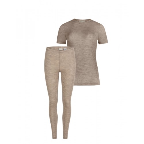 Damesæt   100  Merino Uld  Kort ærme Og Leggings  1x1 Rib Beige Melange