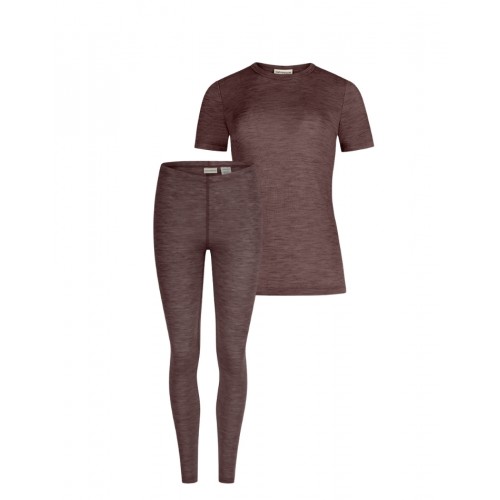 Damesæt   100  Merino Uld  Kort ærme Og Leggings  1x1 Rib Plum Melange
