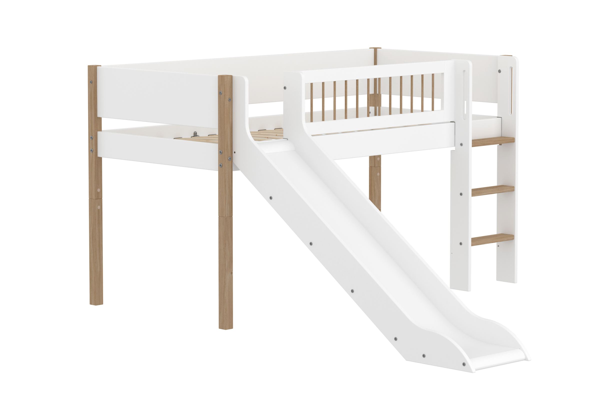 Flexa Nor Halvhøj Seng 120 Cm Med Rutchebane  Stige Og Crossbar Sengehest  90x200 Cm Hvid Eg