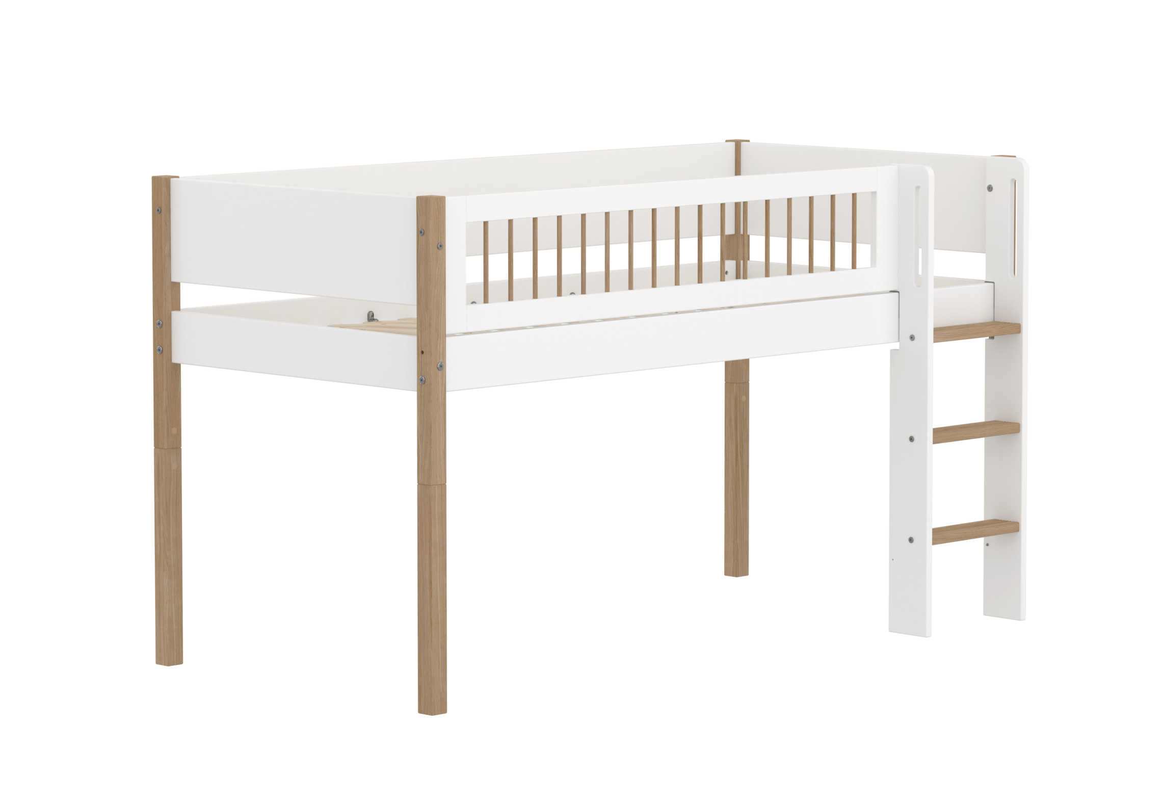 Flexa Nor Halvhøj Seng 120 Cm Med Stige Og Crossbar Sengehest  90x200 Cm Hvid Eg