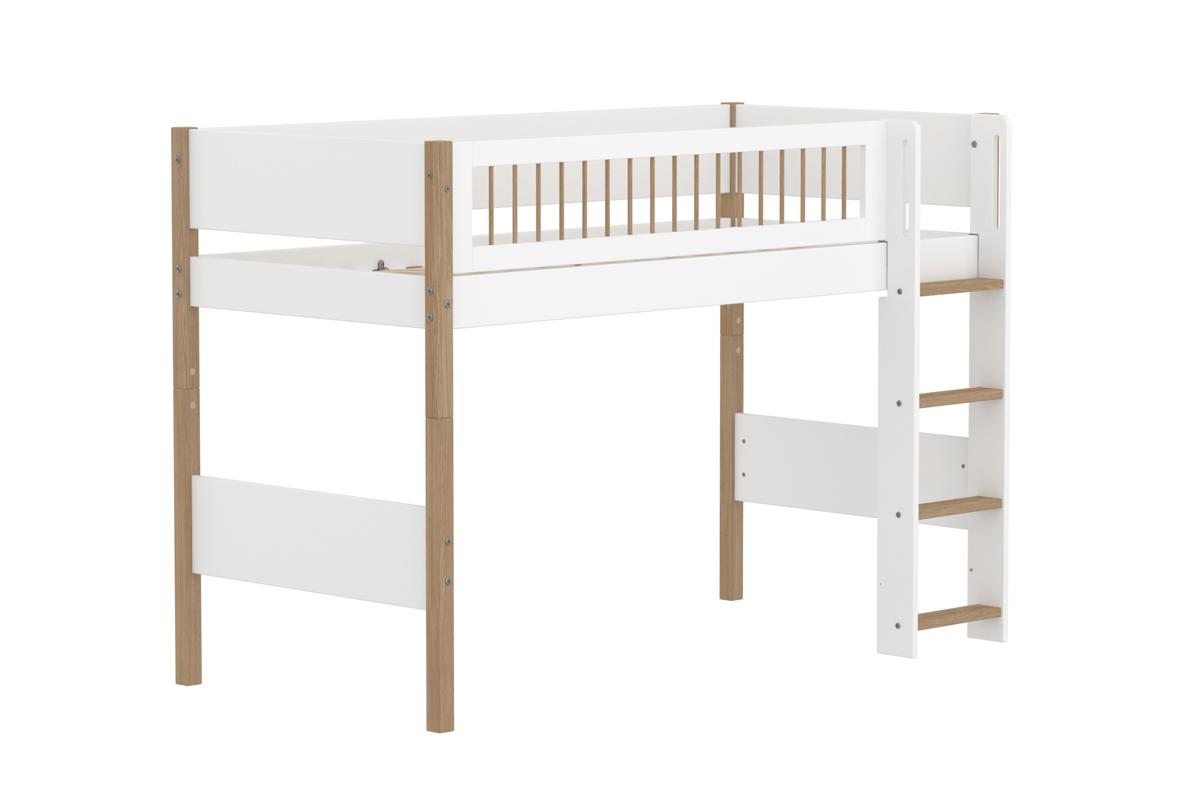 Flexa Nor Mellemhøj Seng 143 Cm Med Stige Og Crossbar Sengehest 90x200 Cm Hvid Eg