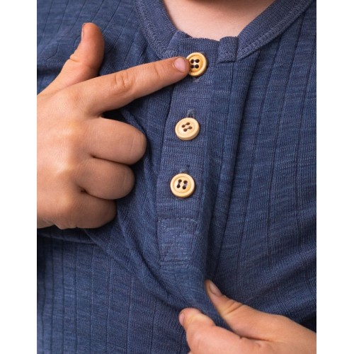Granddad  -shirt Med Lange ærmer   Dropneedle-strik  100  Merino Uld  Oeko-texâ  98 Blue Melange