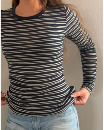 Langærmet  -shirt Til Dame   100  Merino Uld  1x1 Rib   Navy Nature Melange