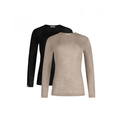 Langærmet  -shirt Til Dame   100  Merino Uld  1x1 Rib   -pak Xs Black Beige Melange