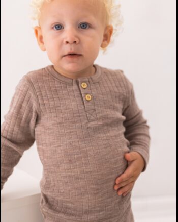 Rib  -shirt Med Lange ærmer Og Knapper Foran   100  Merino Uld  Oeko-texâ  Beige Melange 80