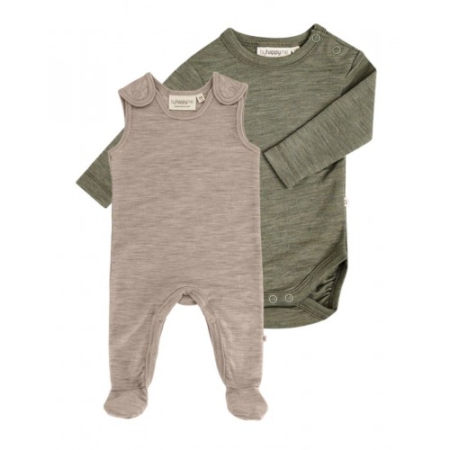 -pak Uldpakke Til Baby Romper Med Fødder Body Med Knap 100 Merinould 56 Moss Sand