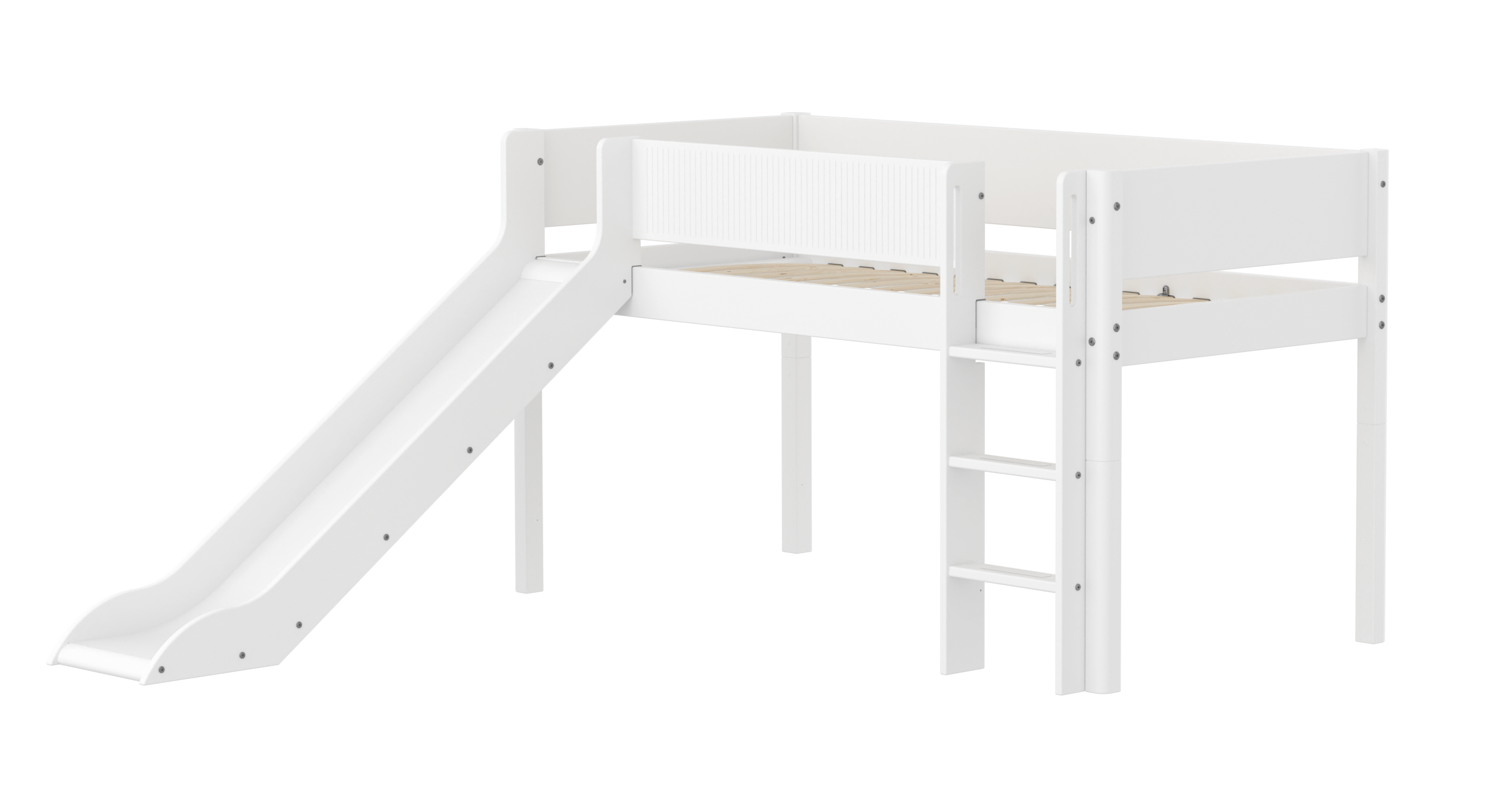 Flexa White Halvhøj Seng 120 Cm Med Rutchebane  Stige Og Grooves Sengehest 90x200 Cm Hvid